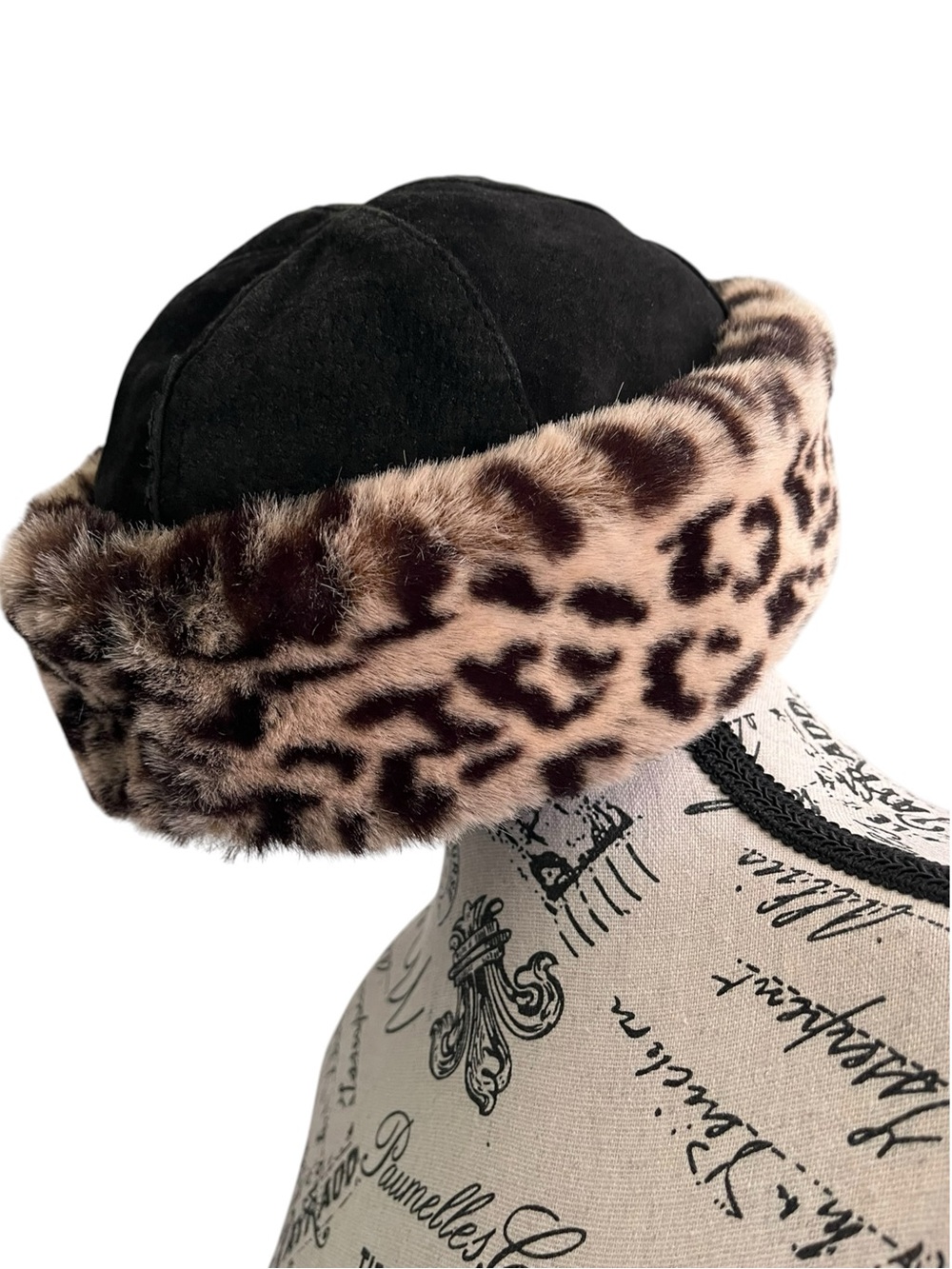 VINTAGE Black Suede Leopard Faux Fur Pillbox Russian Winter Hat Glam Maximalist